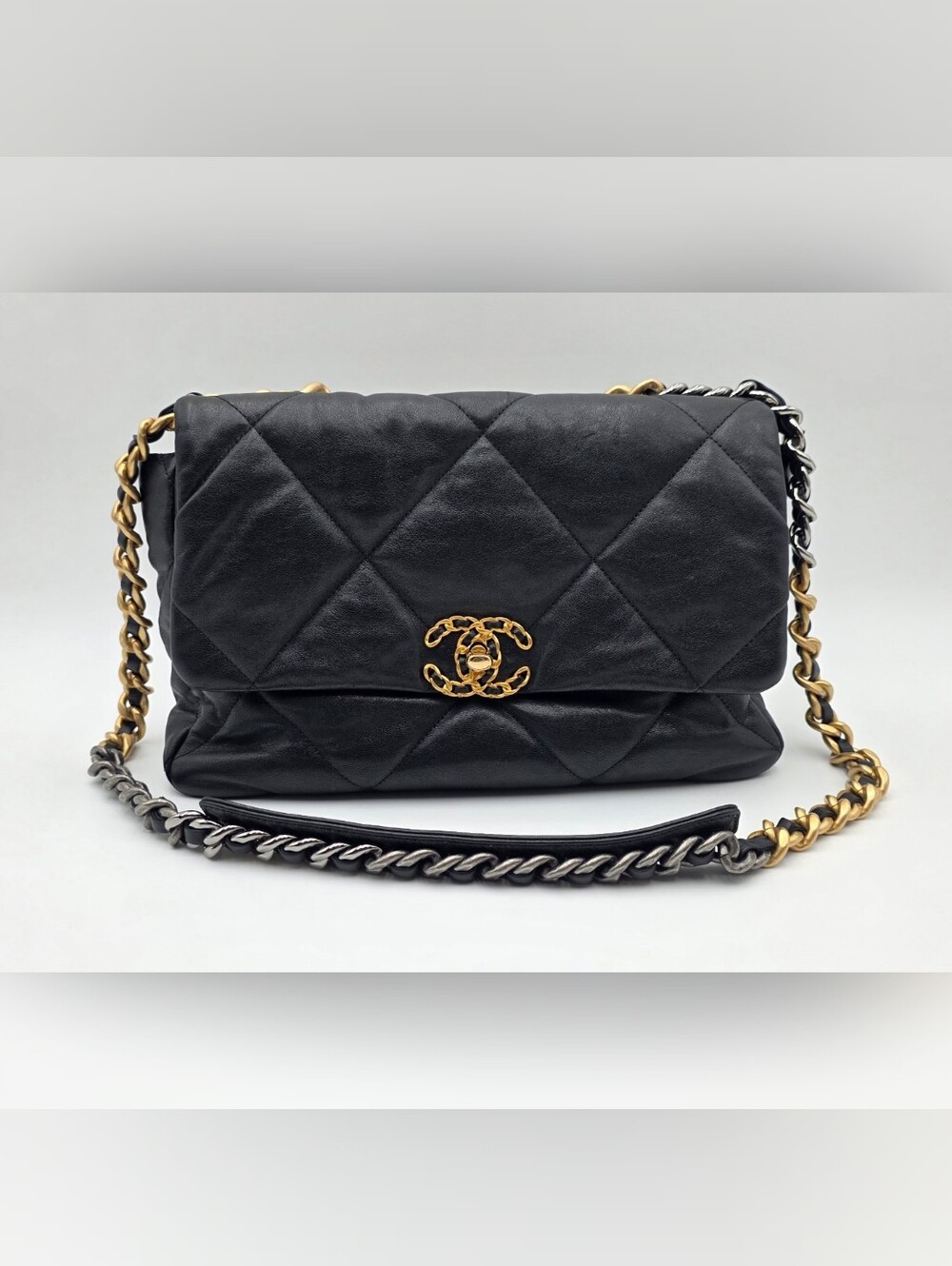 CHANEL 19 Large Flap Bag Black Quilted Leather Gold Silver Two-Tone Hardware